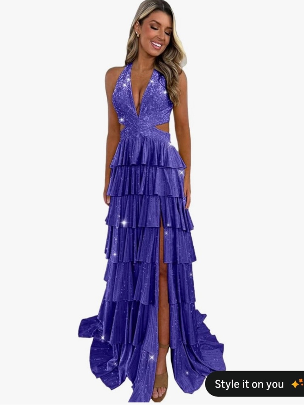 NWT Deep V-Neck Royal Blue Tiered Ruffle Maxi Dress with high slit - Picture 3 of 5